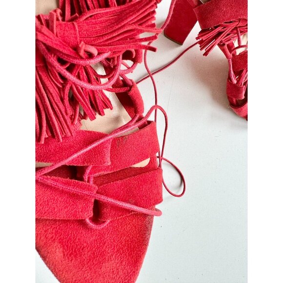 LOEFFLER RANDALL Luz Red Suede Leather Lace-Up Tassel Tie Block Heels, Size 10 - Picture 4 of 16